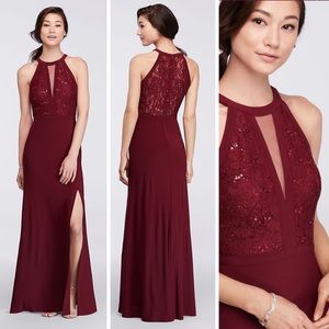 Long Halter Lace Dress with Illusion Cutout